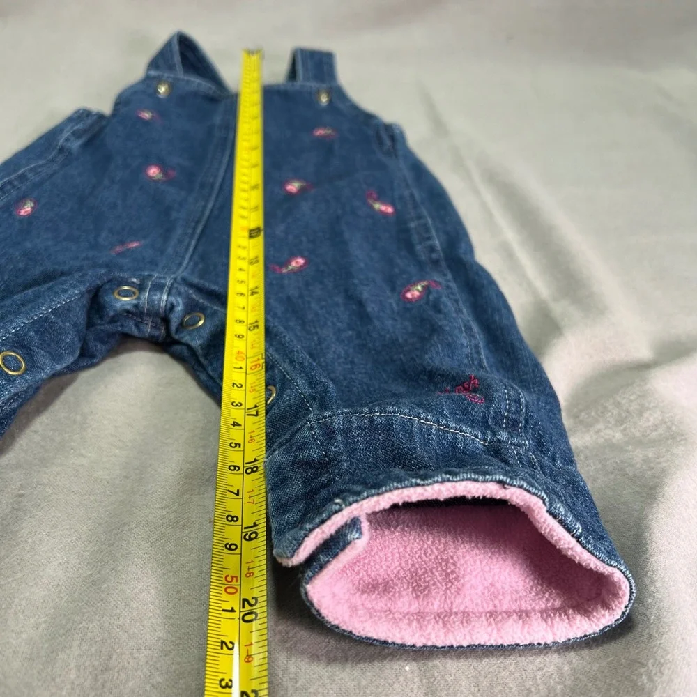OshKosh Baby Denim Overalls Blue Embroidered Flowers Pink Fleece Trimmed 3-6M